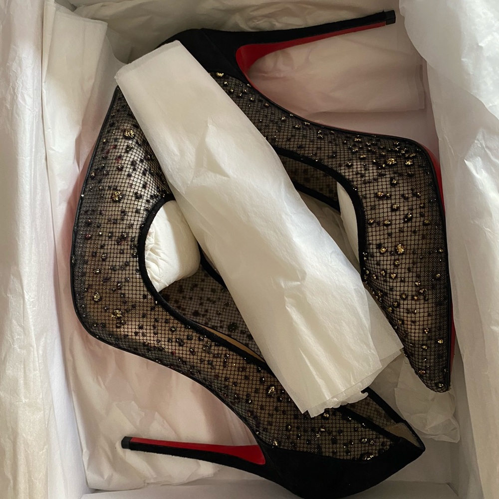 Christian Louboutin Black and Red Stiletto Heels with Studded Mesh
